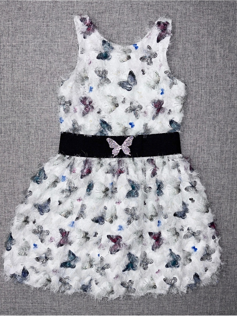Zoe Ltd White Butterfly Print Dress with Black Waistband